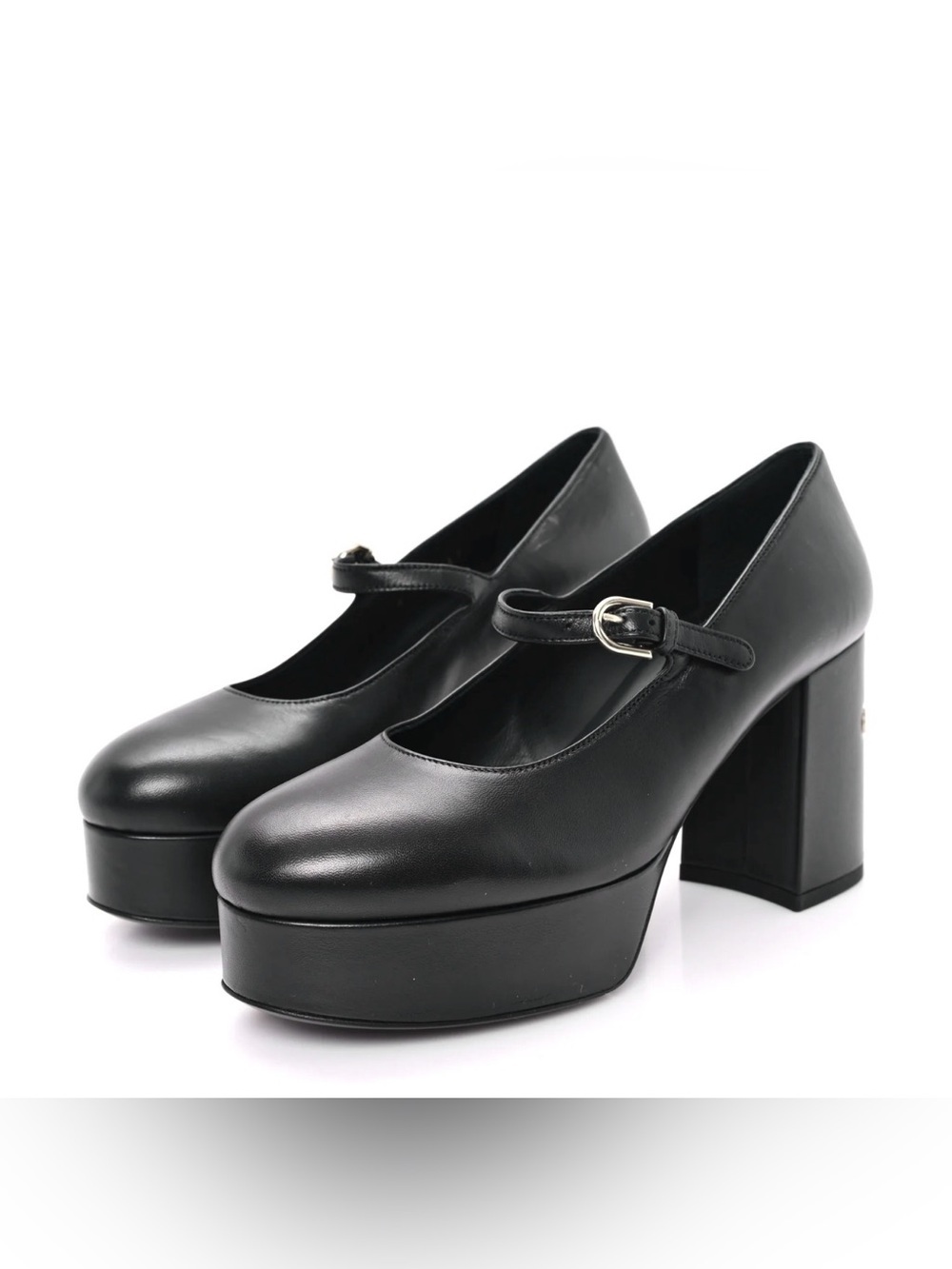 CHANEL Black Leather Mary Jane Platform Pumps with Strap size 38.5